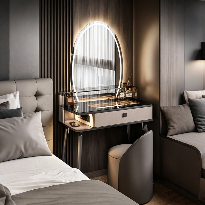 Coiffeuse italienne haut de gamme de 80 cm avec grand miroir élégant, H 60,51 po x l 31,3 po x P 15,59 po