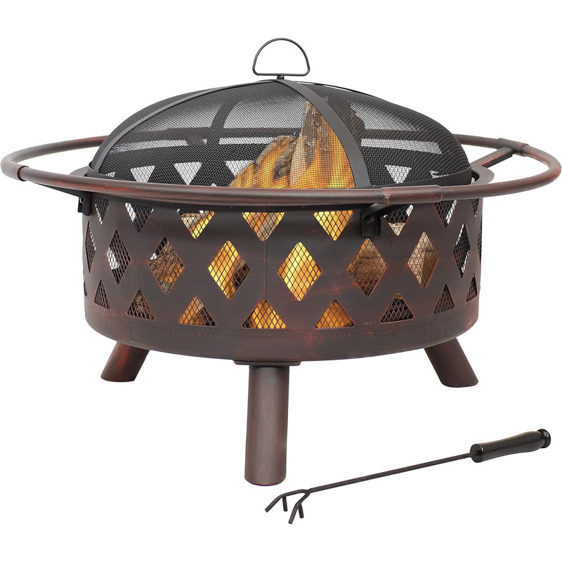 Bronze 30-Inch Crossweave Wood-Burning Fire Pit with Screen and Poker
