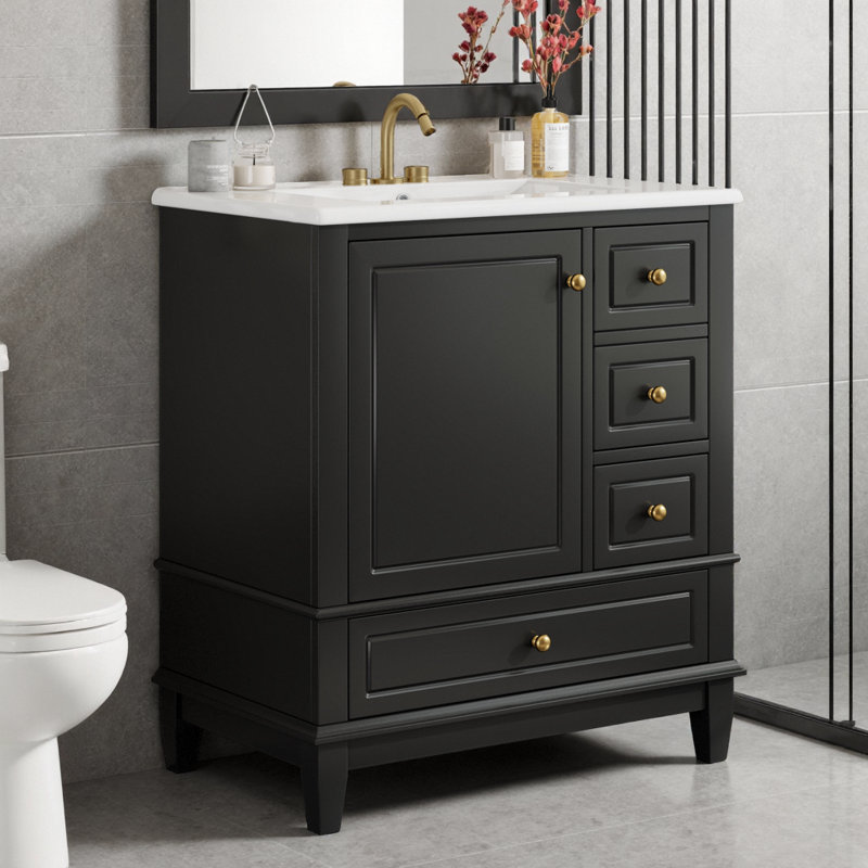 Meuble-lavabo noir 30 po avec lavabo en céramique, porte à fermeture douce et 3 tiroirs, Noir, Doré
