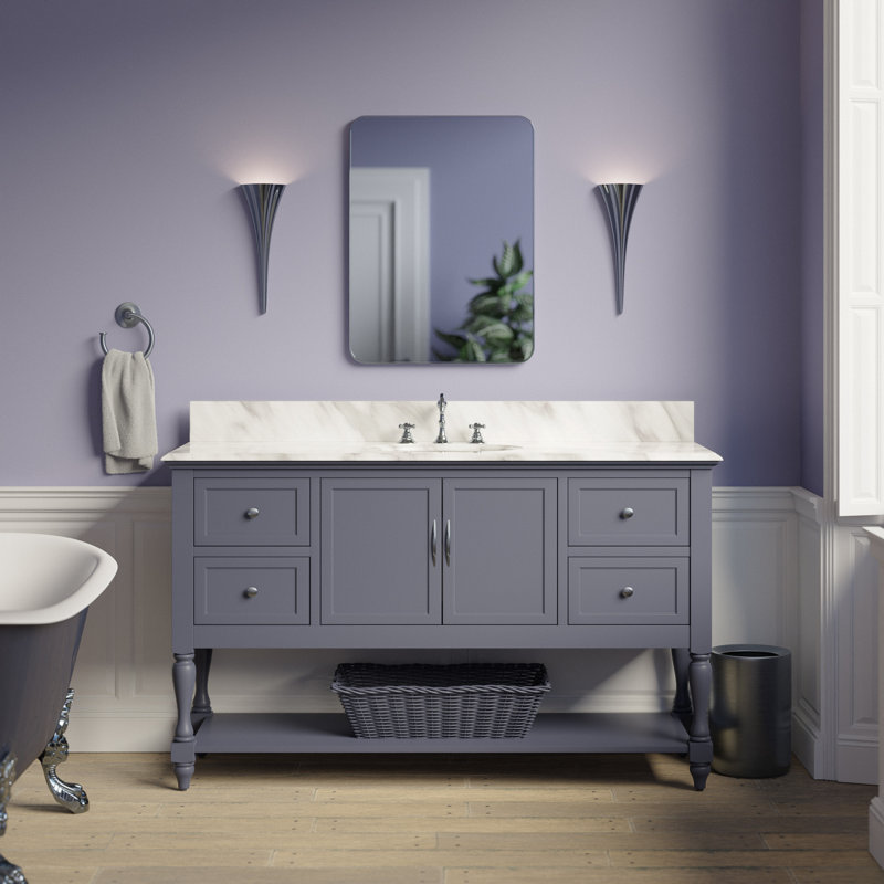 Ensemble de meuble-lavabo simple de 60 po Hampton, Gris marine, Marbre de Carrare