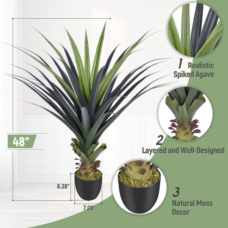 Plante agave artificielle 4 pi en pot de ciment noir | Faux agave, plante d'agave artificielle, grandes plantes artificielles d'extérieur, plante d'agave artificielle, plante d'agave, agave artificiel pour la décoration intérieure / extérieure (1 pièce)