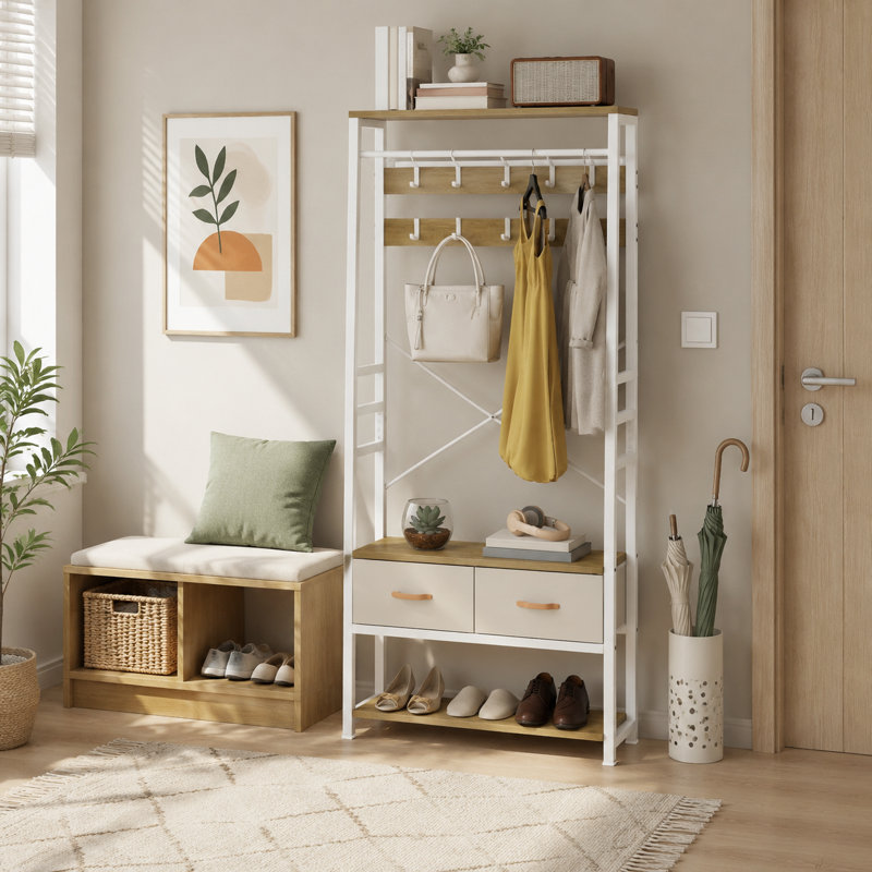 Hall Tree 80cm Wide with Bench and Shoe Storage, Beige