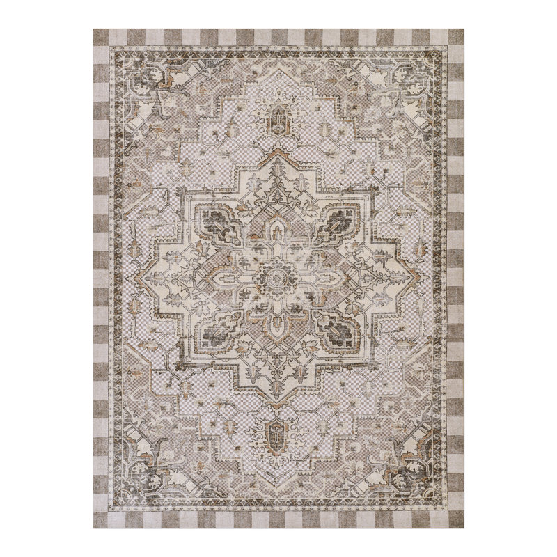 Heriz Checked Mocha Washable Rug, Rectangle 8' x 10'