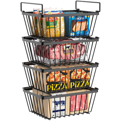 Ensemble de 4 paniers de rangement empilables avec poignées pliantes - Rangement vertical pour congélateur de 5 à 7 pieds cubes, peu encombrant et facile d'accès, noir