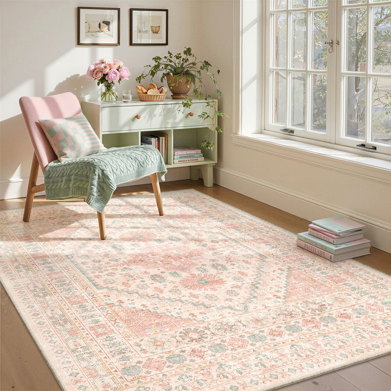 Malaika Machine-Washable Non-Slip Medallion Area Rug, Rectangle 6' x 9', Pink