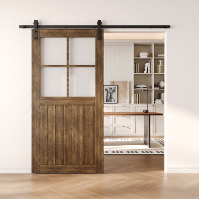 26x80 Dark Walnut Color Half Lite Grid Glass Design Finished Unassembled Solid Wood Sliding Barn Door Only