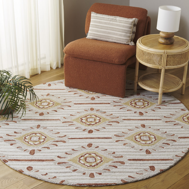 Tapis beige / doré en laine / coton touffeté à la main Pine 405, Rond 6 pi