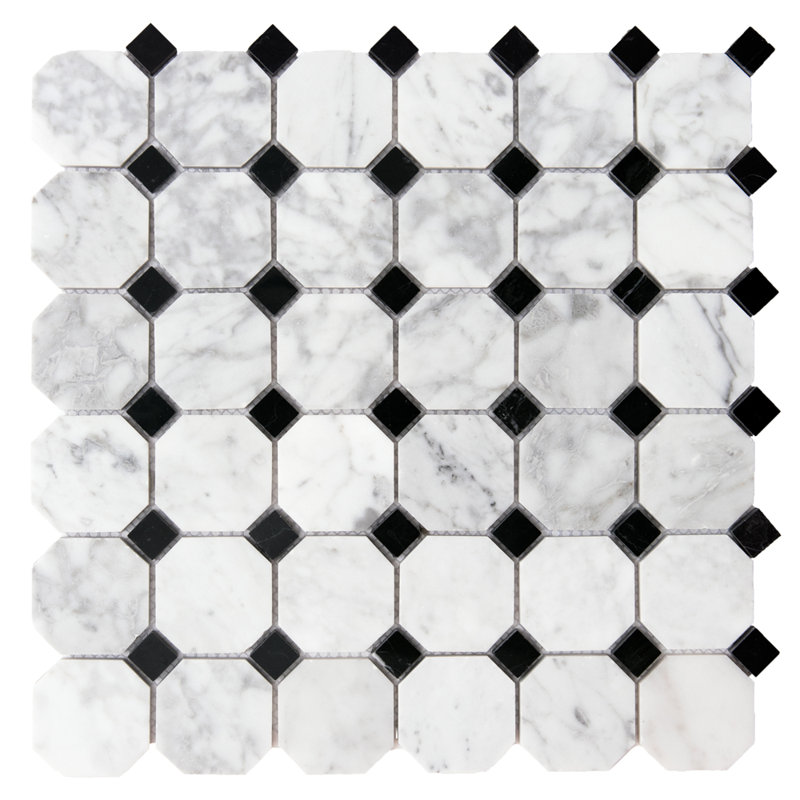 Carreau de mosaïque murale en marbre octogonal et à pois 2 "x 2" Santorini, Noir / blanc
