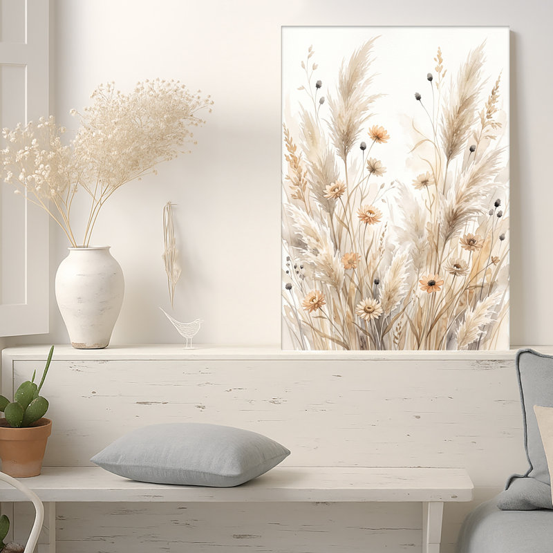 Aquarelle sur toile beige, fleurs sauvages et herbe de la pampa, H 48 po x l 36 po
