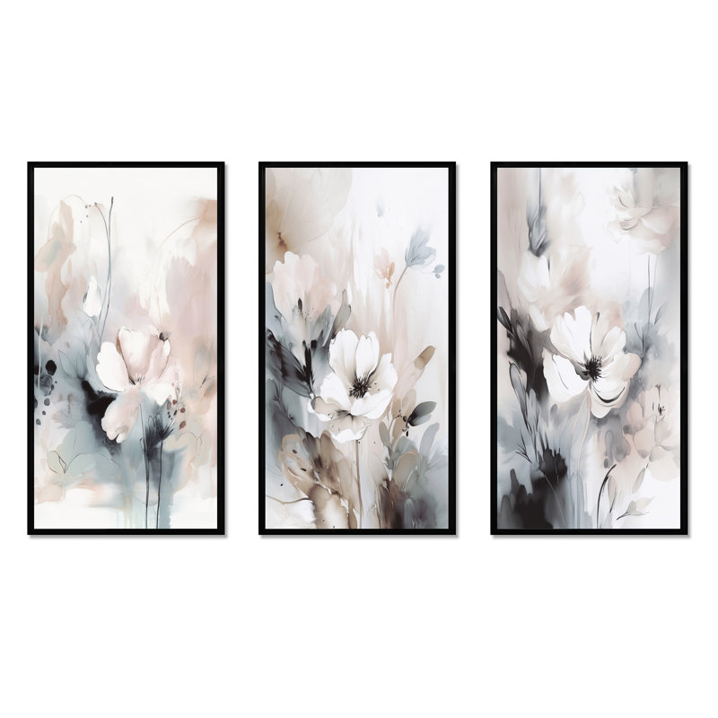 «Delicate Gray Flowers», 3 pièces sur toile, Cadre flottant noir, H 28 po x l 36 po
