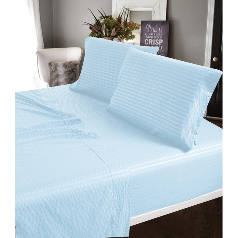 100% Cotton Sateen Striped Sheet Set, King Sheet Set + 2 Pillowcases, Light Blue