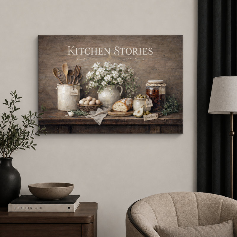 Kitchen Stories, pain rustique et floral, nature morte, H 24 po x l 36 po x P 1,5 po, Toile tendue
