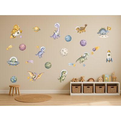 Space Dinosaur Wall Decals, Set of 26 Peel and Stick Nursery Wall Stickers, Satin Finish Removable Kids Room Wall Art, 20"W x 20"H (50 x 50 cm)