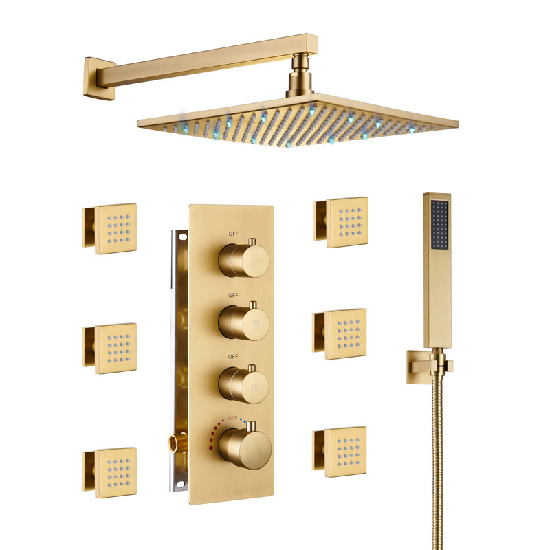 Herathena 3 Functions Temperature Based LED Light Shower System with 6 Body Jets and Rough-in Valve, Brushed Gold