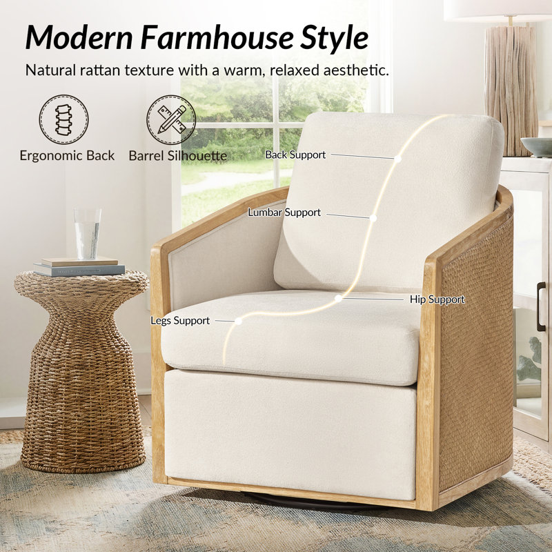 Coray 30.25'' W Modern Farmhouse Rattan Swivel Chair with Fully Assembled, Beige