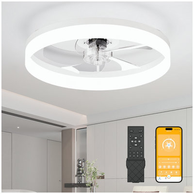 19.7'' LED Ceiling Fan Light with Remote & App Control, 6 Speeds, Dimmable, 3000K-6500K, Flush Mount WHITE Fandelier for Bedroom