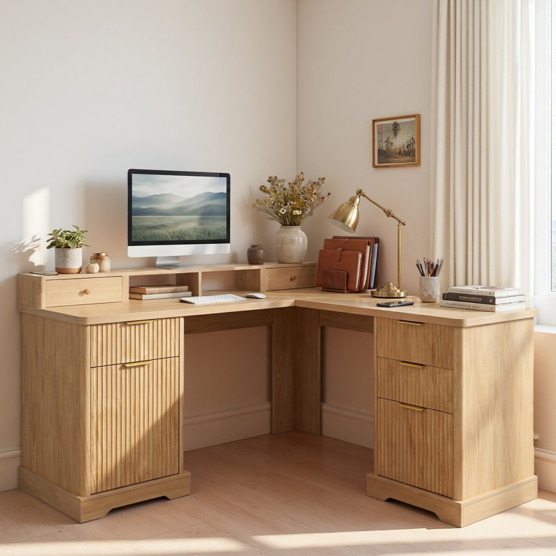 59" Modern Fluted L-Shaped Desk With Charging Station & Storage Cabinet - Home Office Computer Desk With Monitor Stand, File Drawer And Removable Support Shelf For Study, Home Office