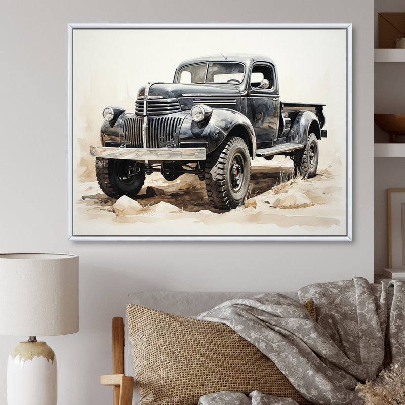 Minimalist Pickup Truck Monochrome - Transportation Wall Art Living Room, H 12 po x l 20 po, Cadre photo argenté