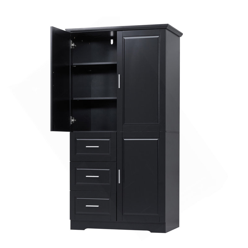 Armoire de rangement haute et large avec portes pour salle de bain / bureau, trois tiroirs, noir, Noir