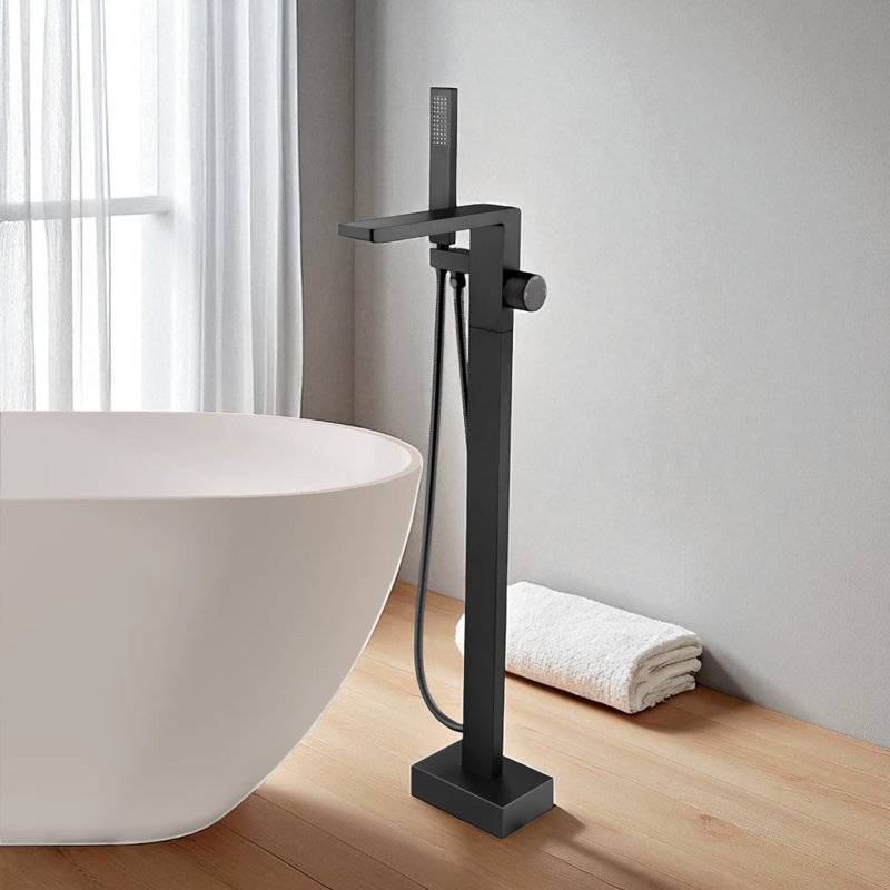 Robinet de baignoire autoportant avec robinet à cascade en laiton noir pour salle de bain avec douche à main 6 gallons par minute