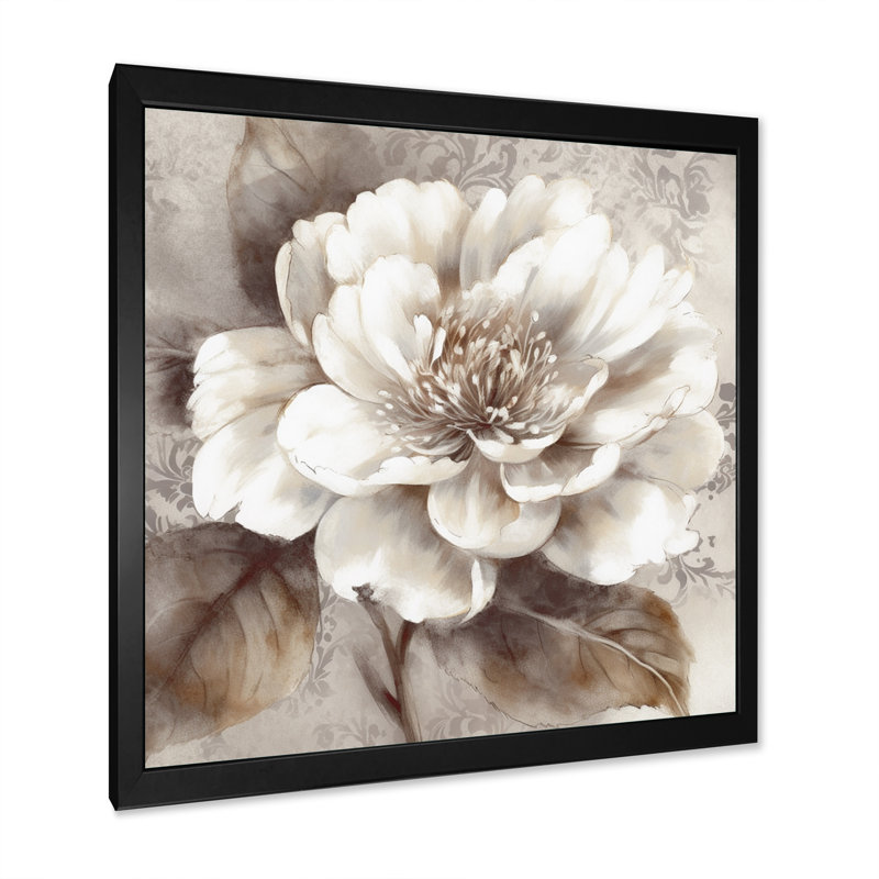 Pivoines grises sur branche III - pivoines, art mural sur toile, Cadre simple noir, H 36 po x l 36 po x P 1,5 po