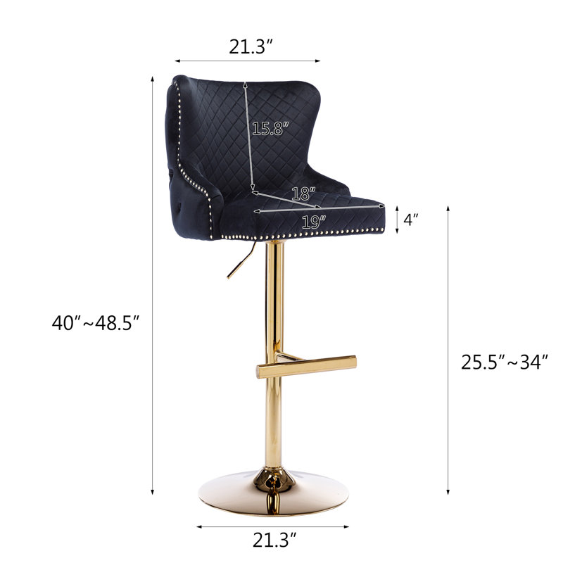 Velvet Bar Chair Stool One-Piece Set, Adjustable Height, Diamond Lattice Against The Back To Pull The Lion's Head With Zipper Decoration, Set Of 1