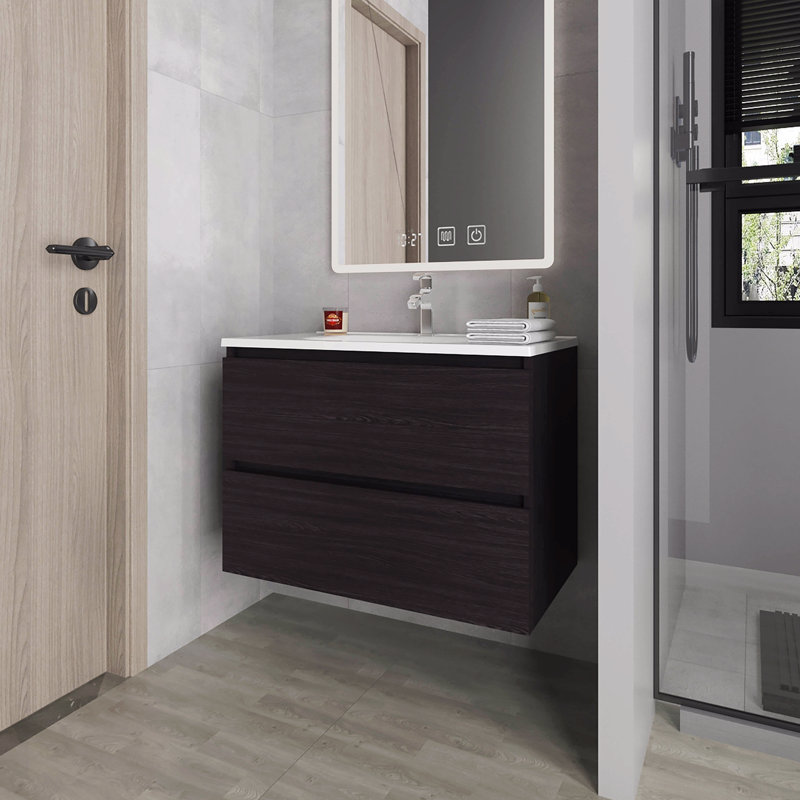 Meuble-lavabo flottant avec deux tiroirs et lavabo, Noir