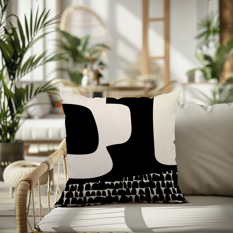 Coussin carré intérieur / extérieur pia, H 15 po x l 15 po, Blanc cassé / noir