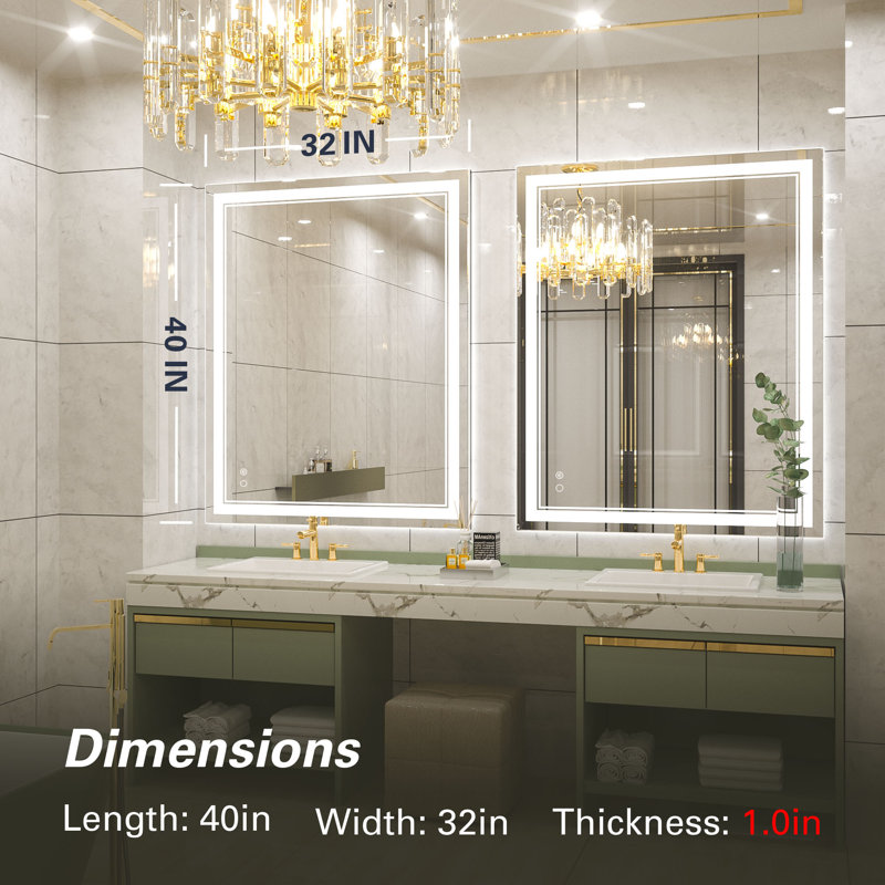 Adorna Frameless LED Lighted Bathroom / Vanity Mirror with Brightness Adjustable, Memory Function, Anti-fog, 32"  x 40" 
