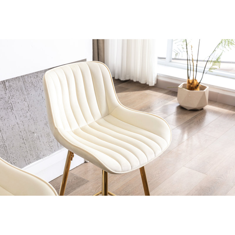 Lot de 2 tabourets de bar de 76 cm (30 pouces), tabouret de comptoir en velours crème, pieds dorés, repose-pieds, rembourrage en mousse, deux chaises longues en tissu, pieds et