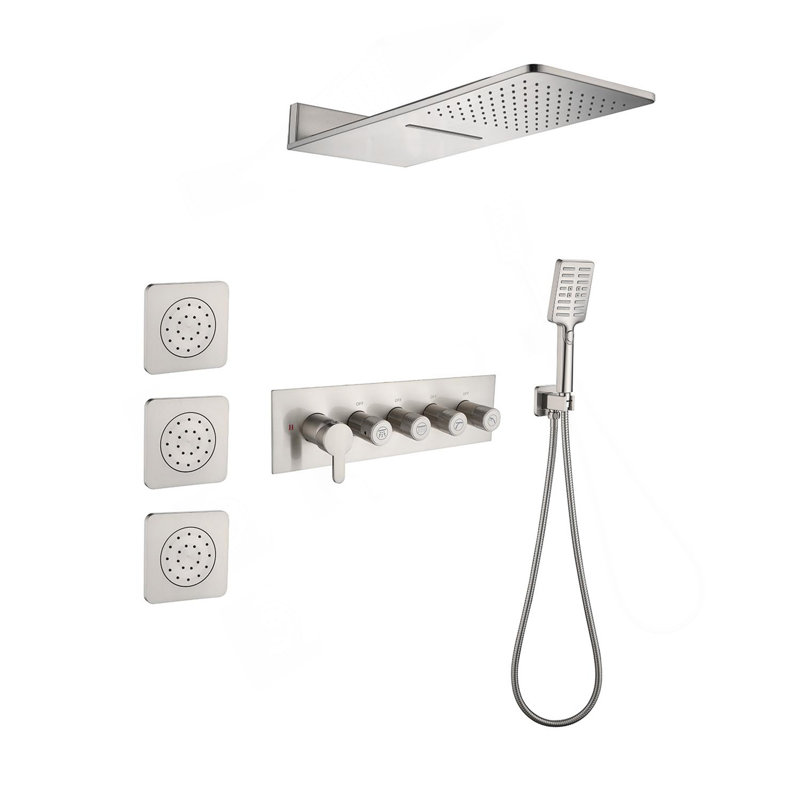 Wall Mounted Waterfall Rain Shower System With 3 Body Sprays & Handheld Shower, Brushed Nickel