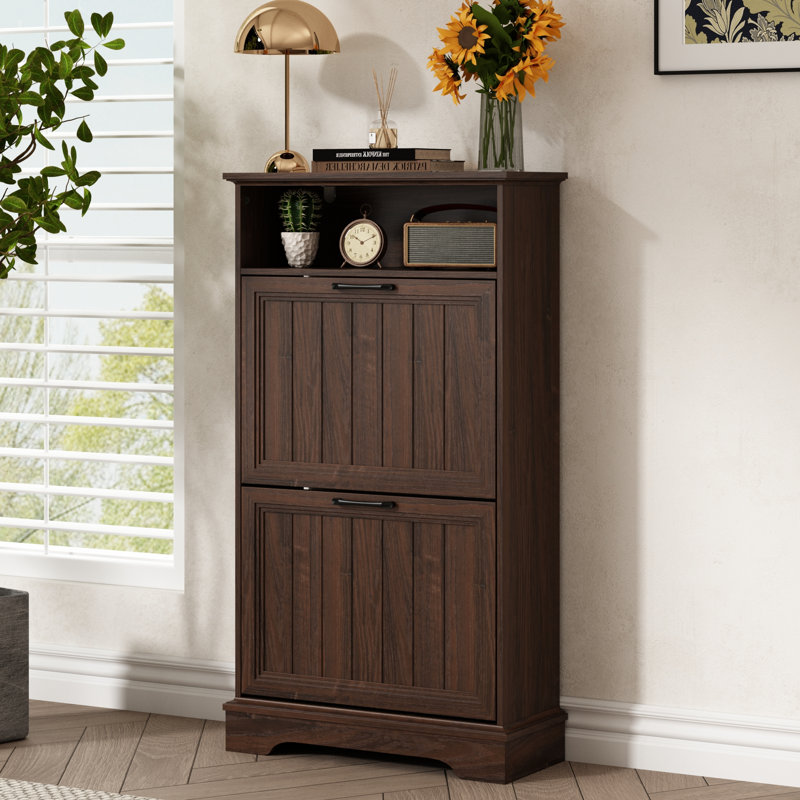 Armoire de rangement pour 12 paires de chaussures avec 2 tiroirs rabattables, Brun