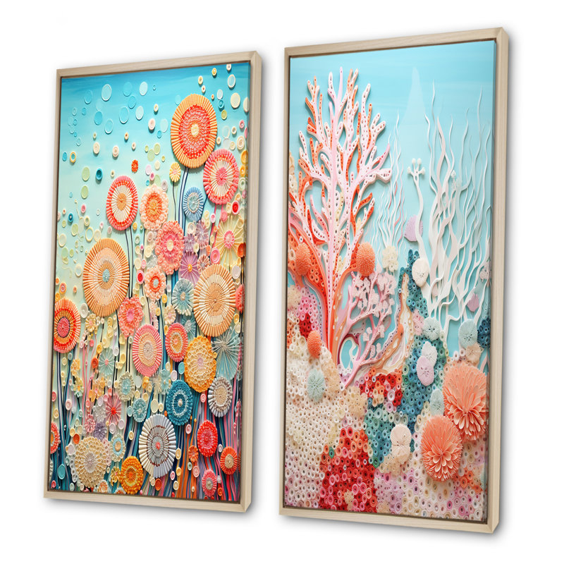 Coral Reef Barrier Impression - Coastal Coral Under Water, ensemble de 2 reproductions d'art sur toile, Cadre flottant brun