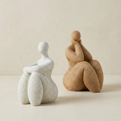 Abstract Female Figure Sculpture Set of 2 – Boho Resin Statues for Shelf, Mantel, Desk & Bookcase Decor
