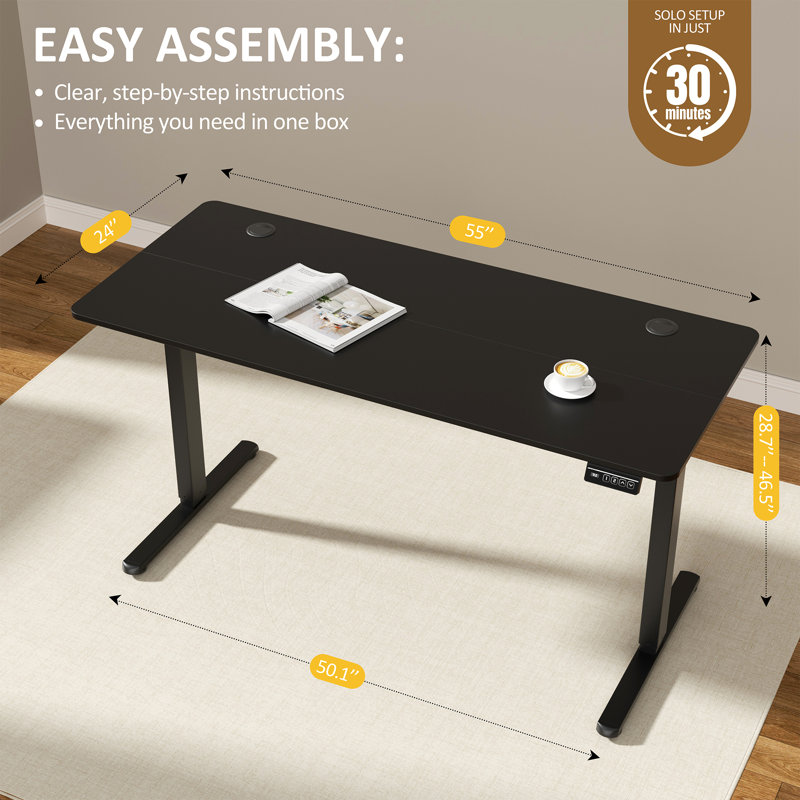 Bureau debout réglable électrique Oishee, Noir, noir, noir, noir, H 46,5 po x l 55 po x P 24 po
