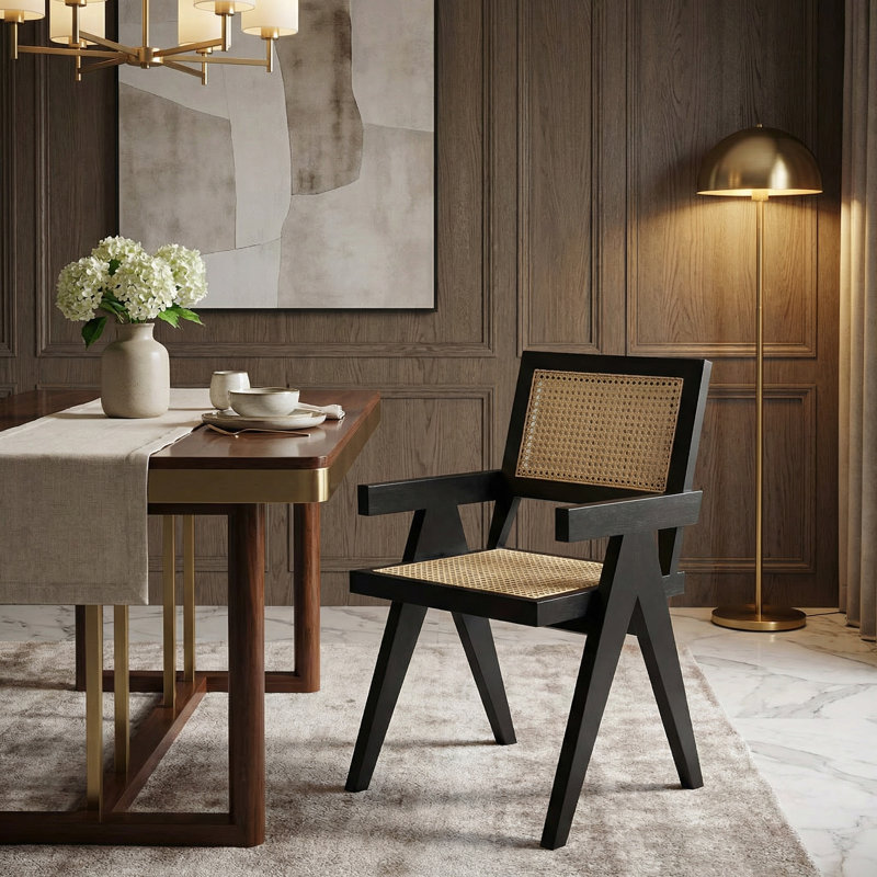 Chaise avec accoudoirs en bois massif Jude, Noir