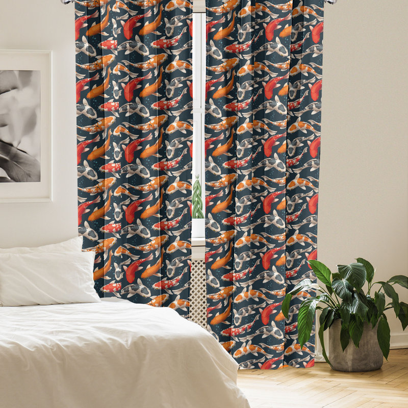 Dark Petrol Blue and Orange Koi Fish Microfiber Room-Darkening Curtain Panels