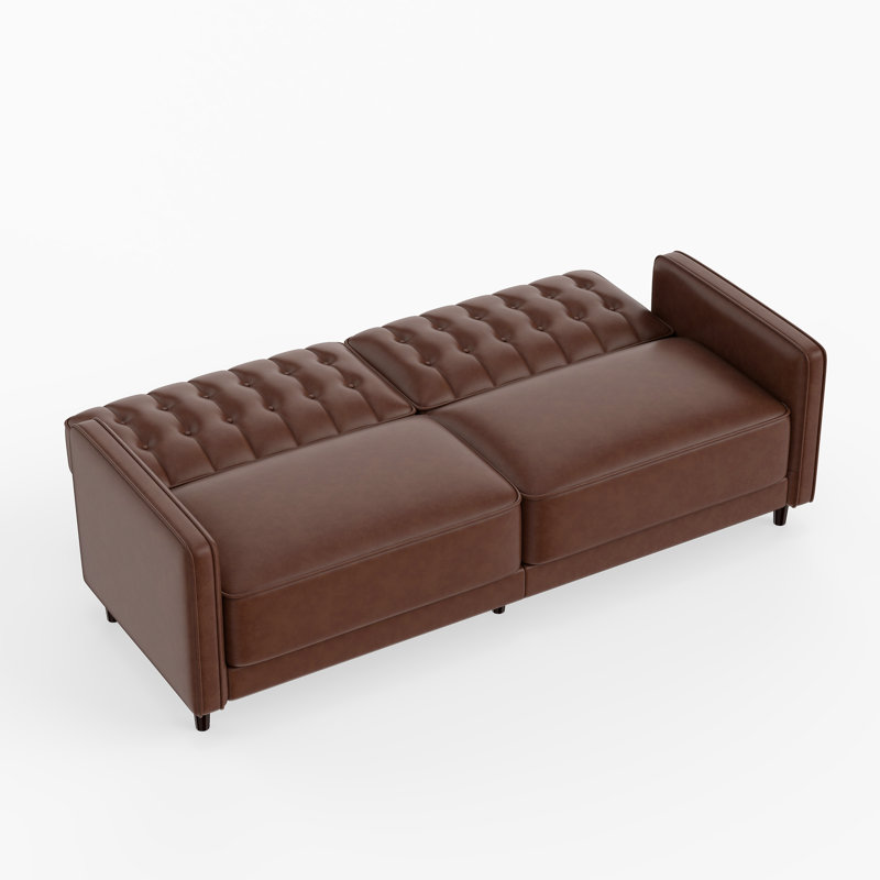 81.5" Wide Faux Leather Convertible Sleeper Sofa With Tufted Back, Brown Faux Leather