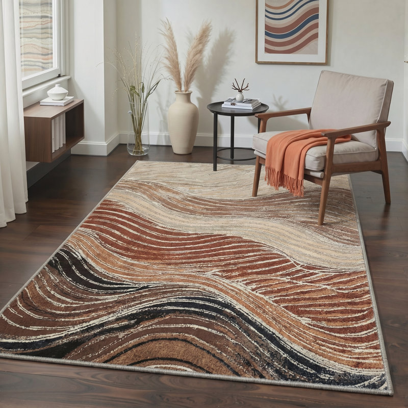 Tonicka Soleil Modern Machine Washable Brown / Beige Indoor Area Rug with Non-Slip Backing, Rectangle 5' x 7'