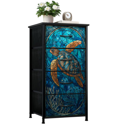 Commode de style vitrail pour la chambre à coucher avec 4 tiroirs de rangement, commode en verre teinté bleu sarcelle, commode en acier et commode en acier pour vestibule