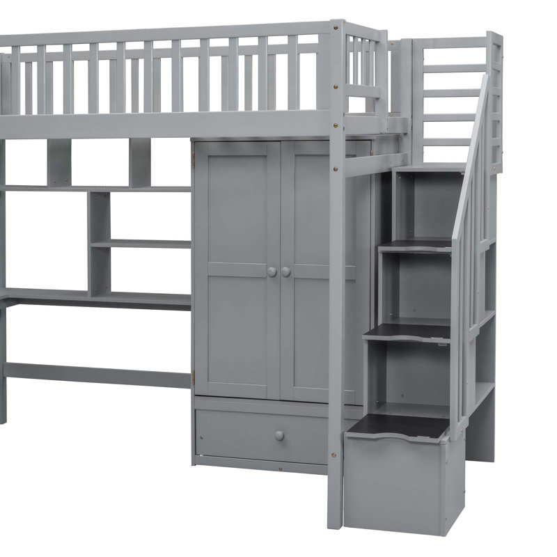 Jamner Kids Twin Loft Bed with Drawers, Twin, Gray