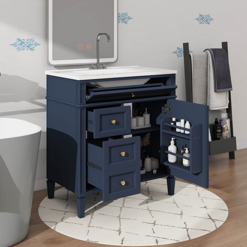 Meuble-lavabo de 30 po sans lavabo supérieur, armoire contemporaine avec 2 tiroirs et 1 tiroir basculant, Bleu