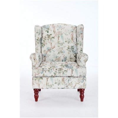 Modern Accent Chair with Retro Wood Legs, Comfy Upholstered Armchair, Floral Design Single Sofa Chair for Living Room Bedroom Office - Floral Blue Bird