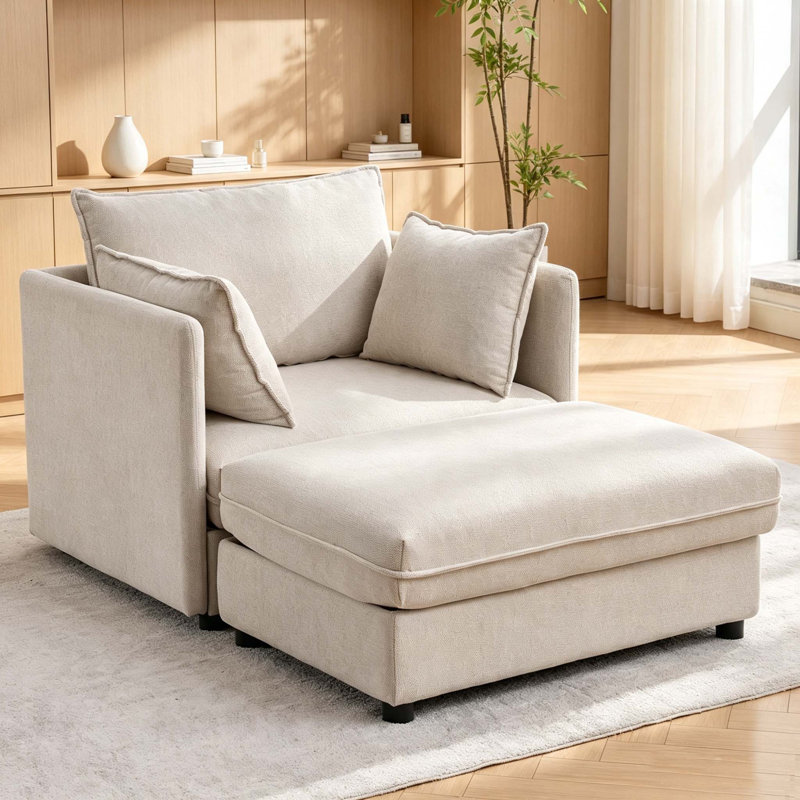 Upholstered Chenille Accent Chair With Footstool, White Chenille