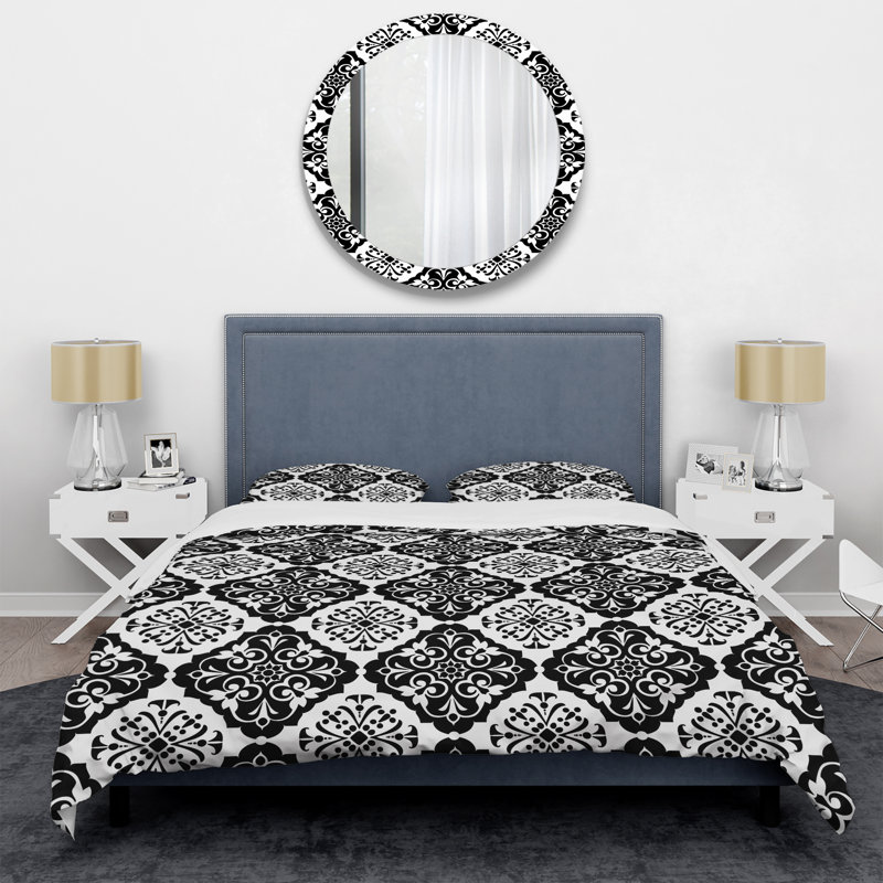 Black White Classic Damask Pattern III - Modern Duvet Cover Set, King Duvet Cover + 2 King Shams