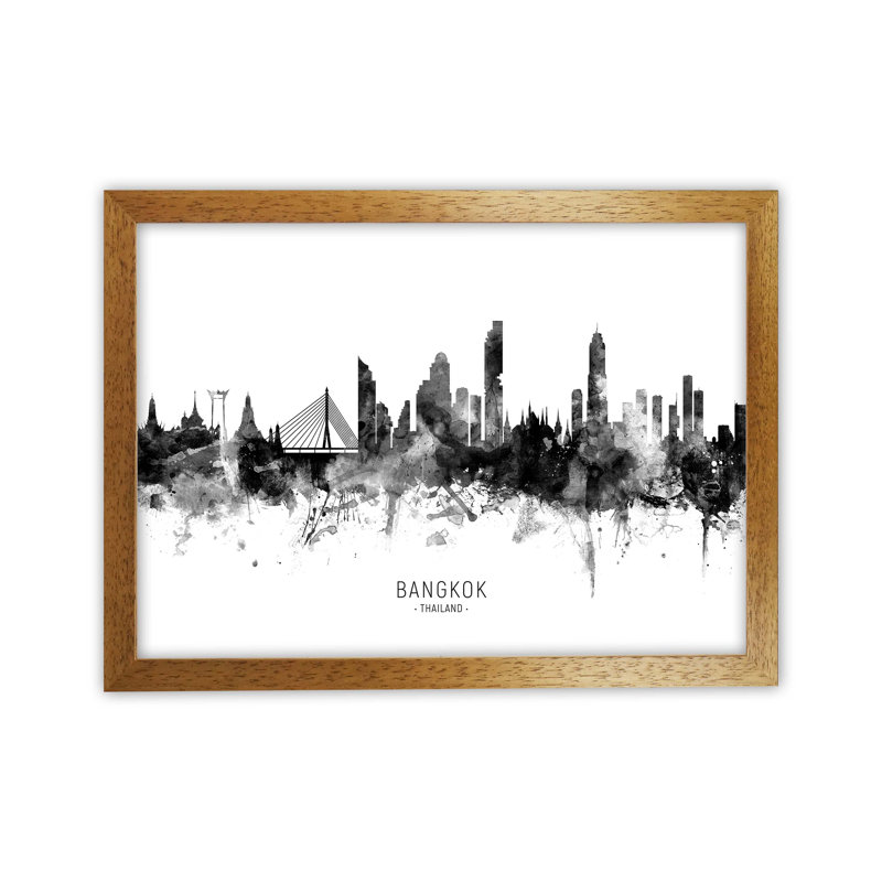 Bangkok Thailand Skyline Black White City Name by Michael Tompsett - Print, 34cm H x 46cm W x 3cm D, Brown Framed