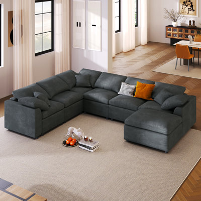 Très grand canapé modulaire en forme de L à 7 places avec repose-pieds mobile U_Style 120,8 po - Chenille moelleuse et structure en bois de pin massif
