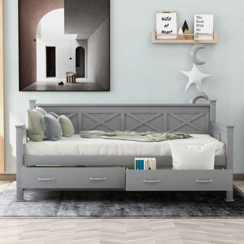 Modern and Rustic Casual Style Twin Daybed with X-shaped Frame and Two Large Drawers for Comfortable Sleep and Storage, Gray