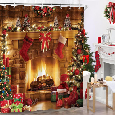 Rideau de douche de salle de bain avec foyer, bas de sapin de Noël, rideau de douche en tissu de polyester avec 12 crochets