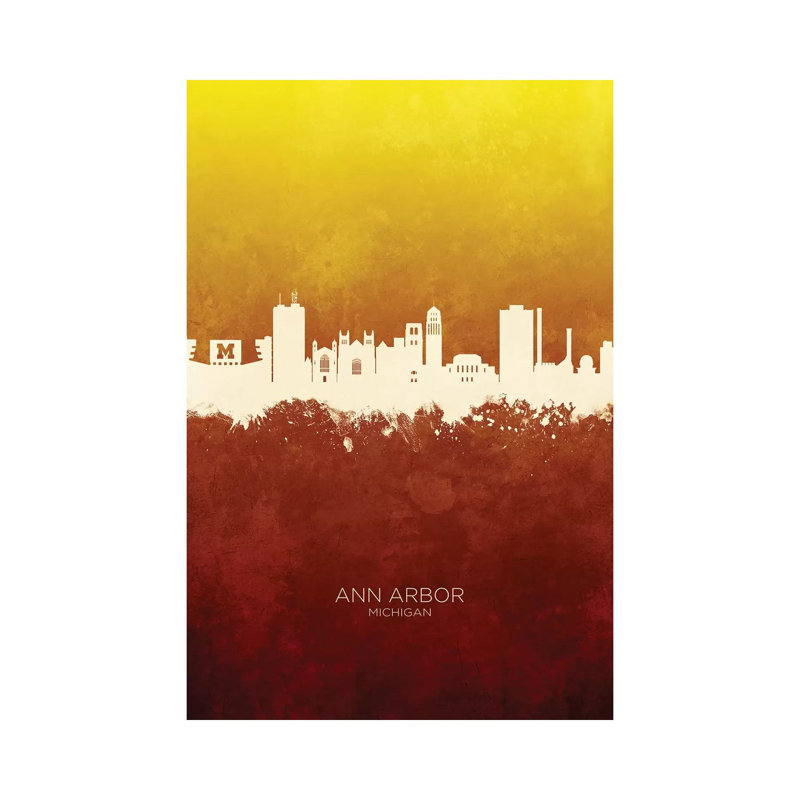 Ann Arbor Michigan Skyline Red Gold by Michael Tompsett - Wrapped Canvas Print, 20.32 cm H x 30.48 cm W